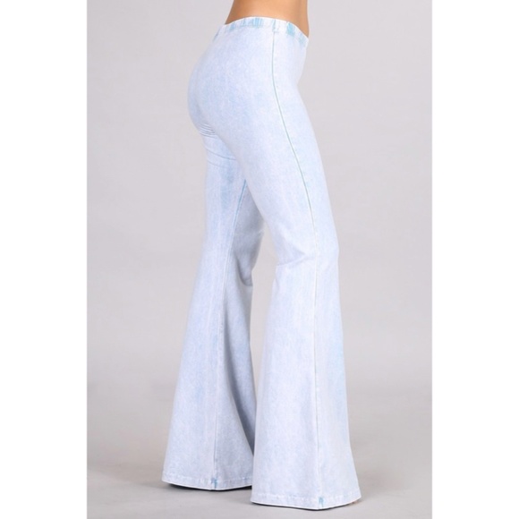 Light Powder Blue Boho Mineral Wash Stretch Flared Bell Bottom Casual Pants - Picture 4 of 6